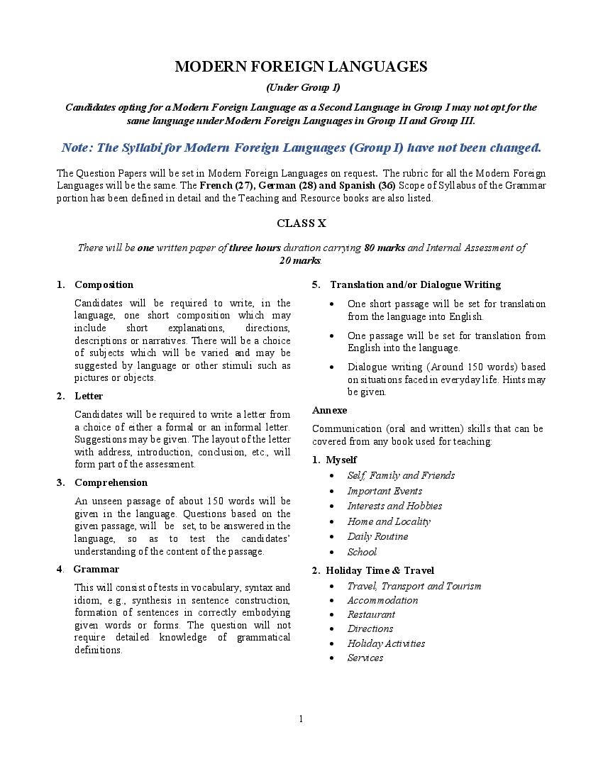 ICSE Class 10 Syllabus 2023 Modern Foreign Language Group I Including French, German, Spanish (Revised) - Page 1