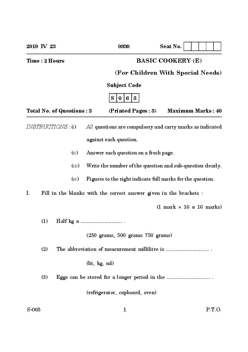 Goa Board Class 10 Question Paper Mar 2019 Basic Cookery English CWSN - Page 1