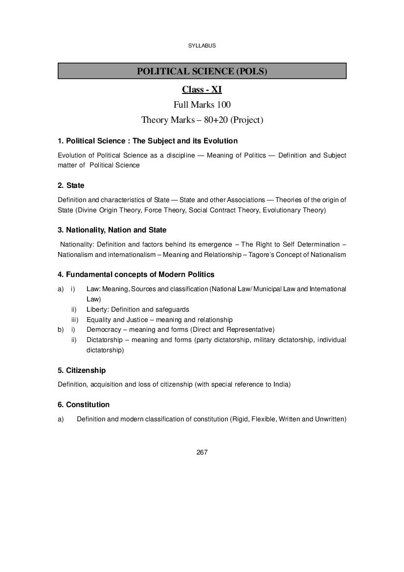 WBCHSE Class 11 Syllabus for Political Science - Page 1