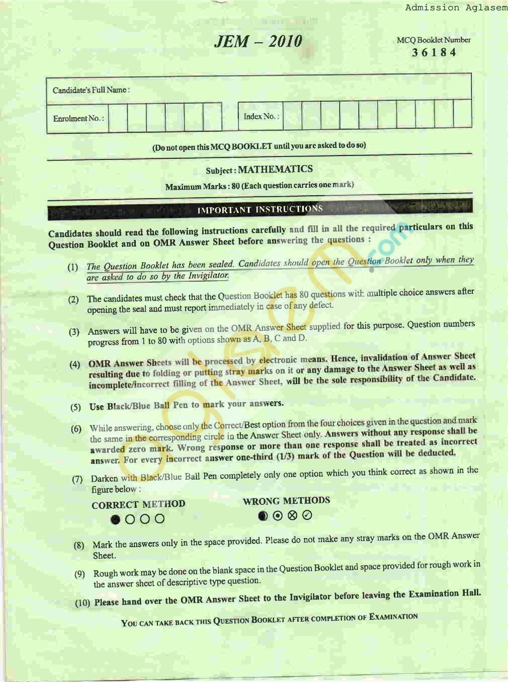 WBJEE Question Papers 2010 - Mathematics MCQ - Page 1
