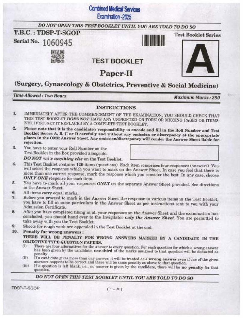 UPSC CMS 2025 Question Paper II Surgery, Genecology and Obstetrics, Preventive and Social Medicine - Page 1 of 28