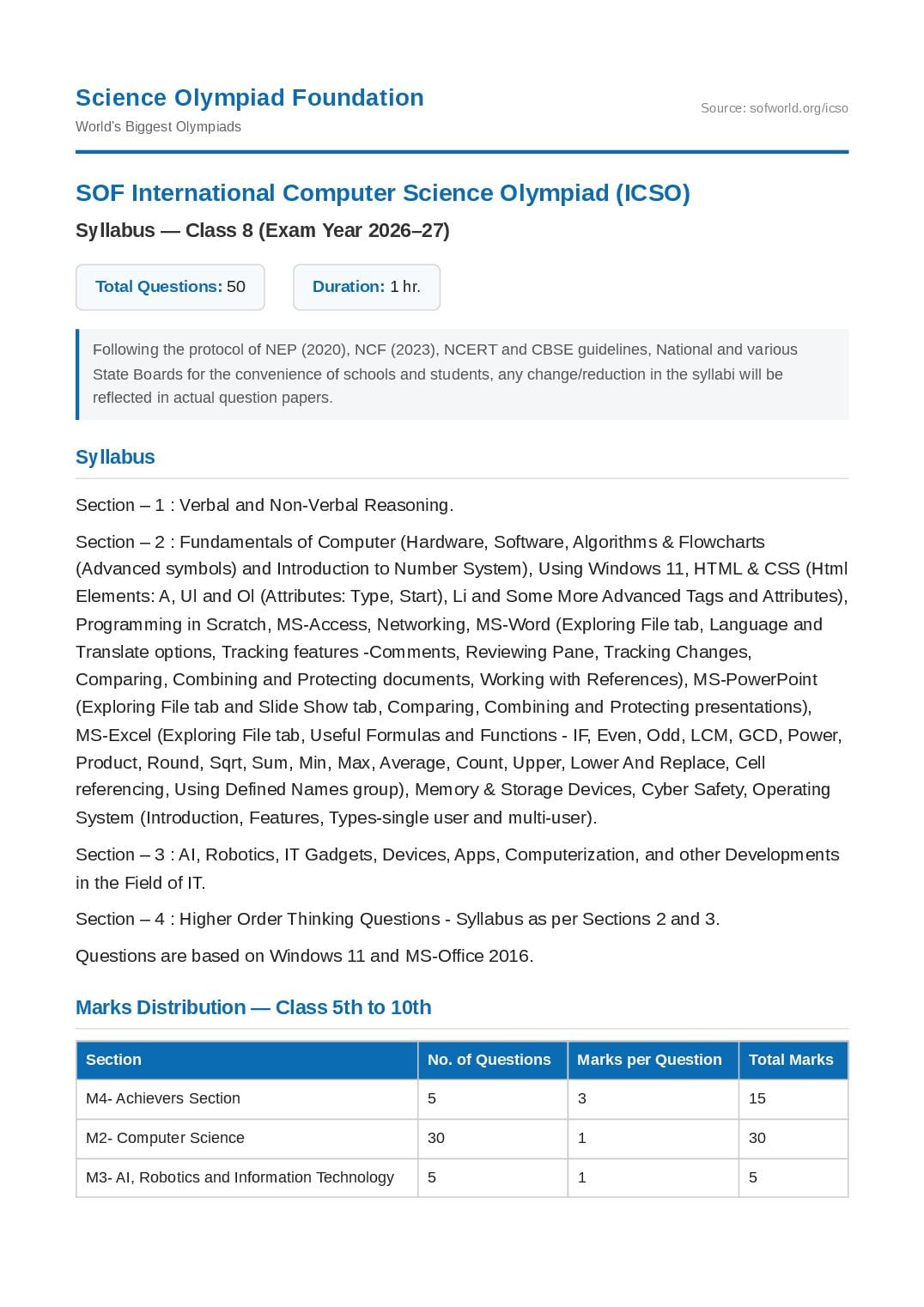 SOF ICSO Syllabus 2027 Class 8 - Page 1 of 2