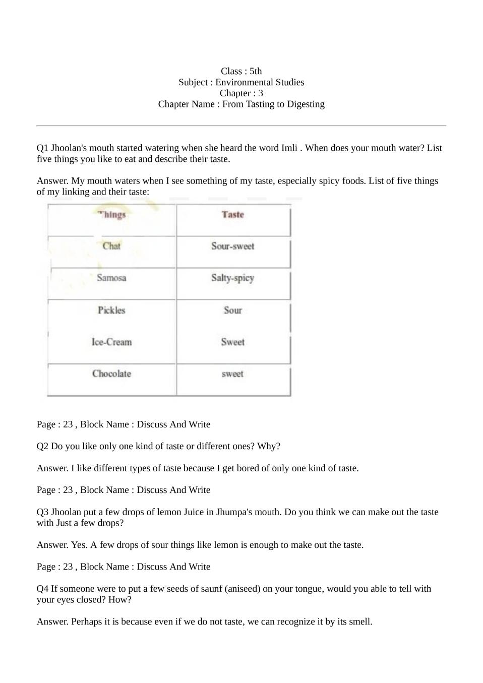 CBSE Class 5 EVS Chapter 3 From Tasting To Digesting Solutions CBSE 