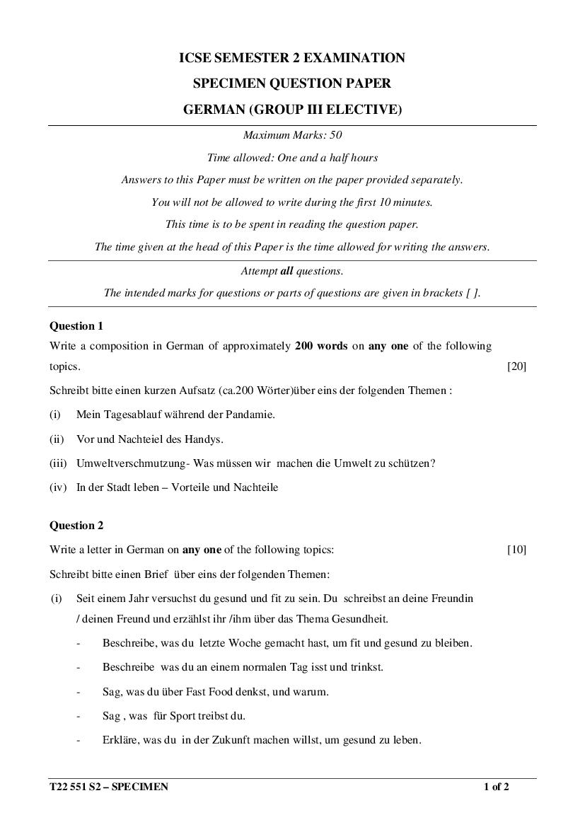 ICSE Class 10 Specimen Paper 2022 German Group 3 Semester 2 - Page 1