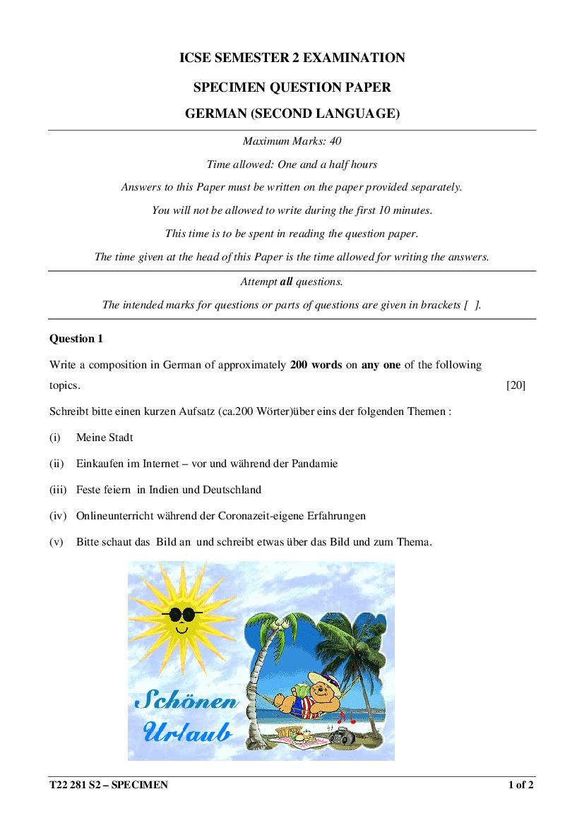 ICSE Class 10 Specimen Paper 2022 German Semester 2 - Page 1