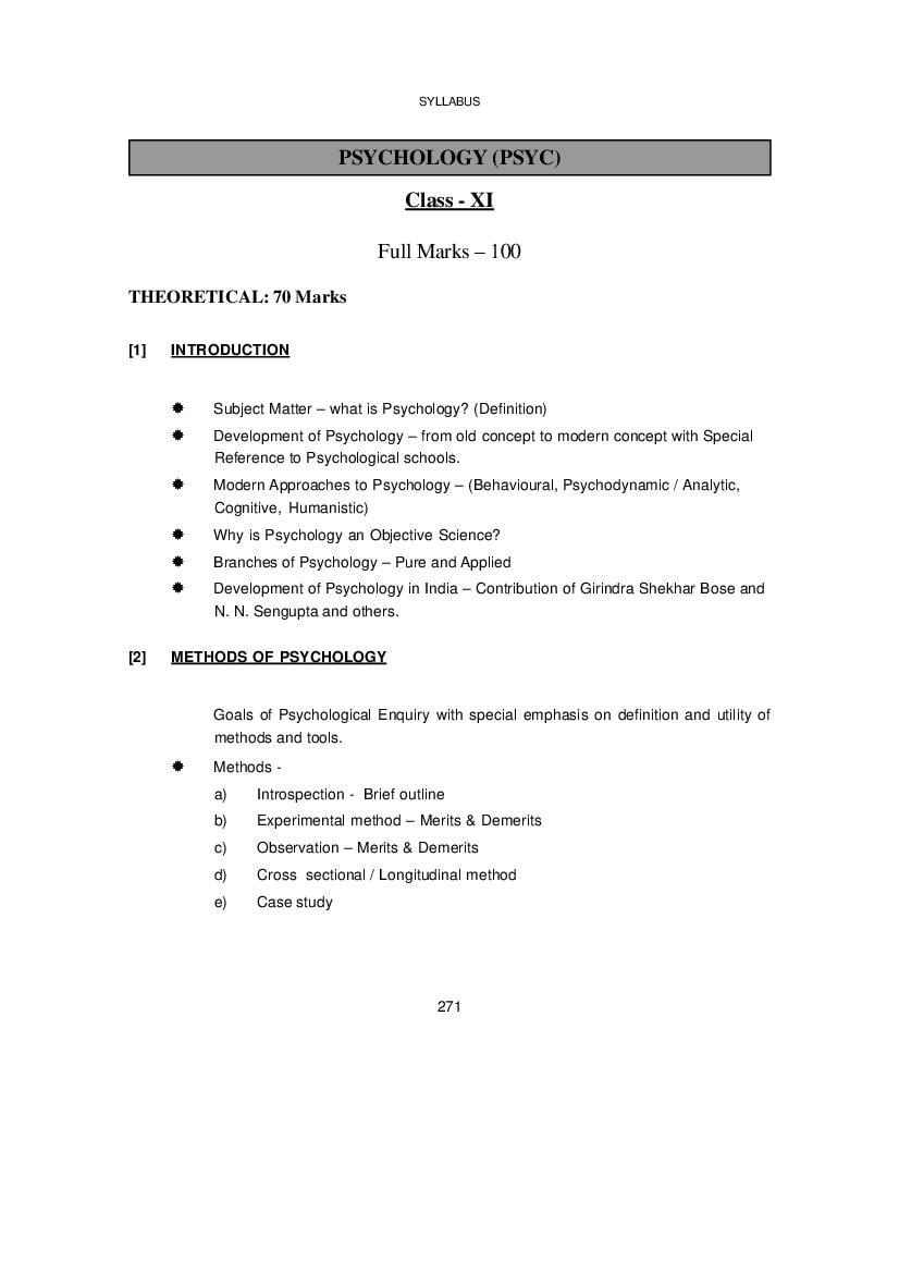WBCHSE Class 11 Syllabus for Psychology - Page 1