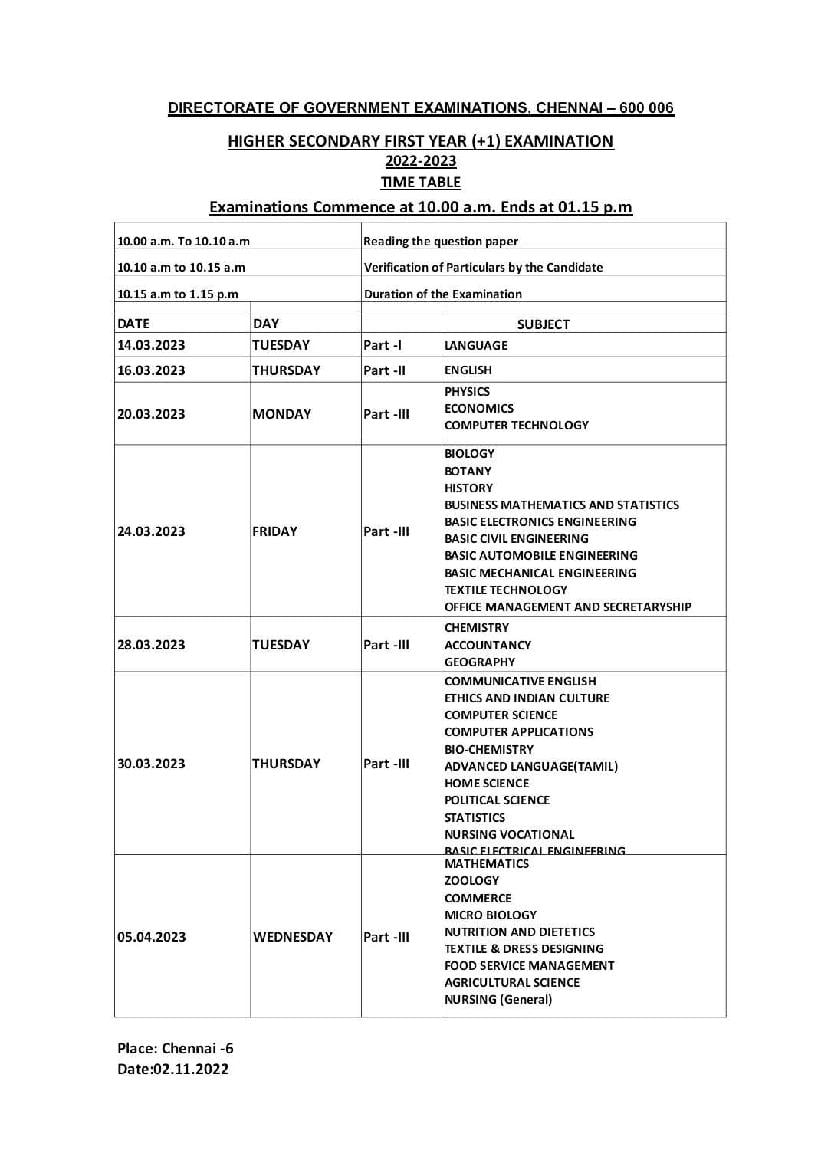 Tamil Nadu 11th Public Exam Time Table 2023 - Page 1
