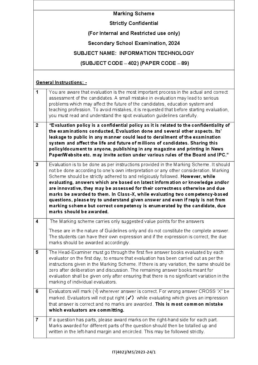 CBSE Class 10 Question Paper 2024 Solution Information Technology - Page 1