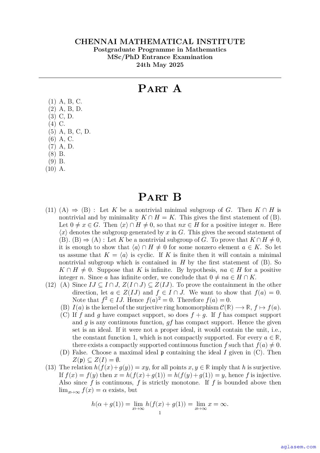 CMI Entrance Exam 2025 Question Paper Solution M.Sc PhD Mathematics - Page 1 of 4