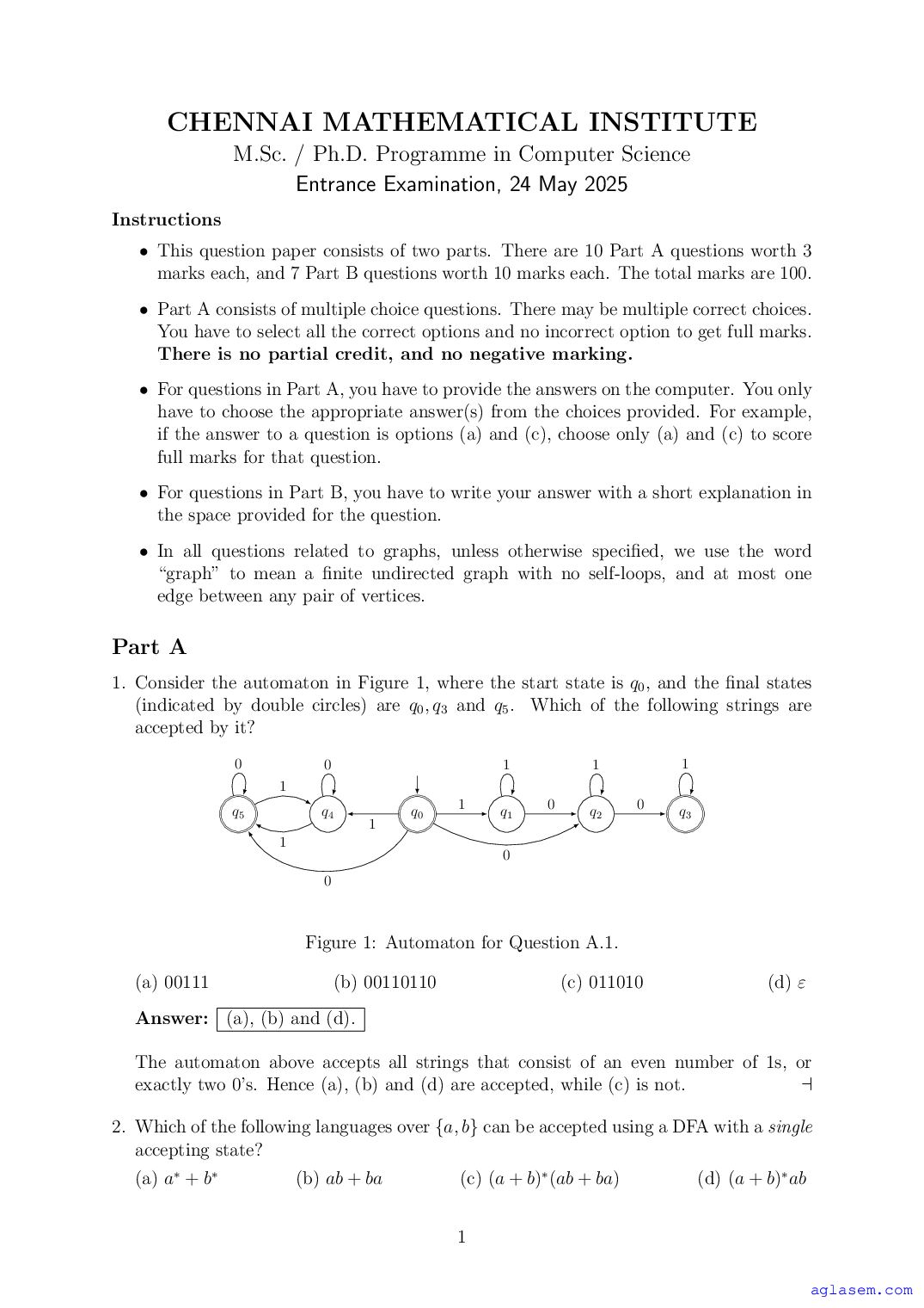 CMI Entrance Exam 2025 Question Paper Solution M.Sc PhD Computer Science - Page 1 of 13