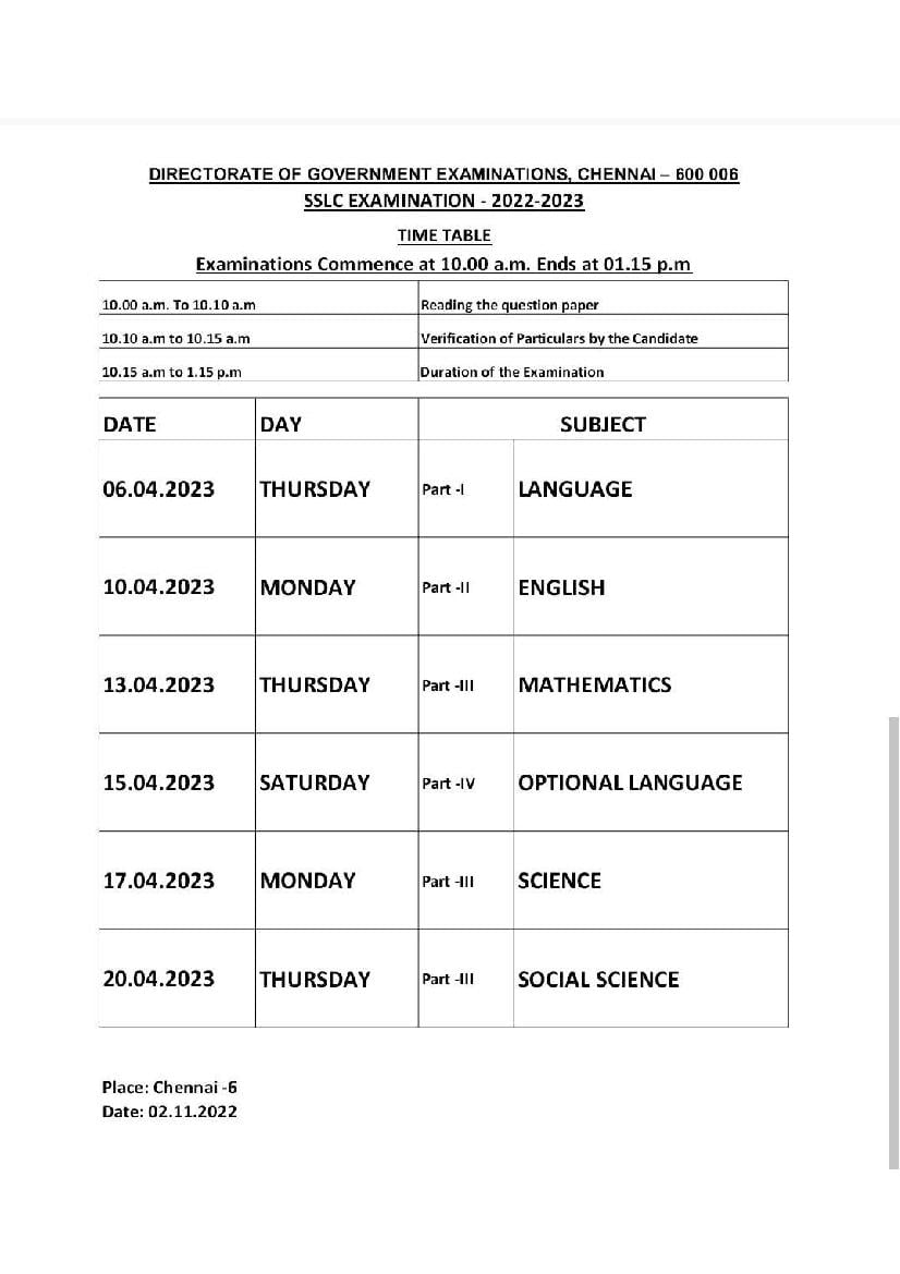 10th Public Exam Time Table 2009