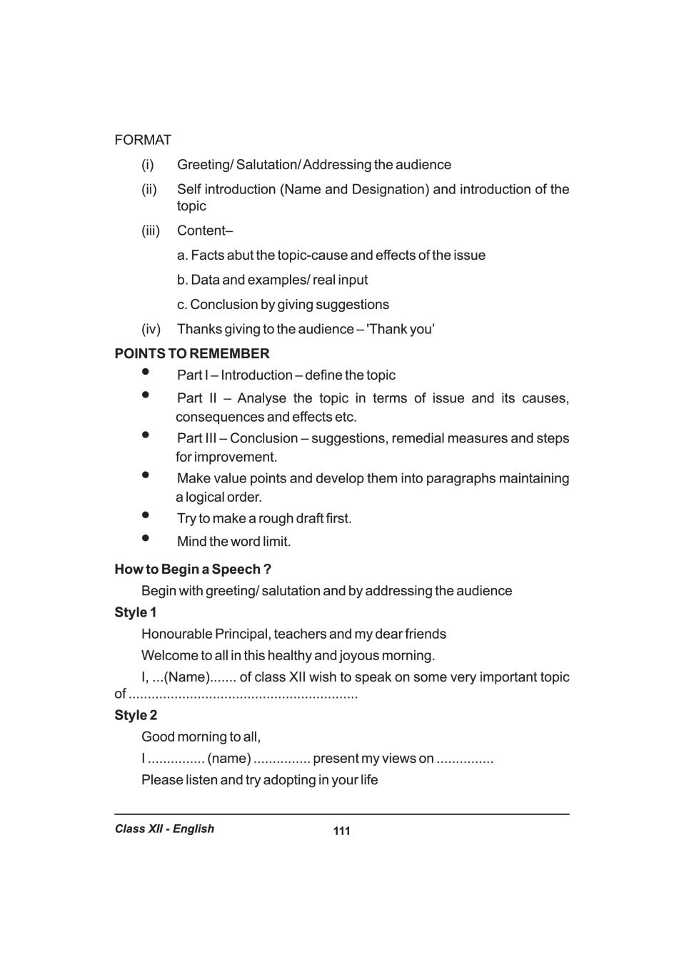 Class 19 English Speech Writing Format