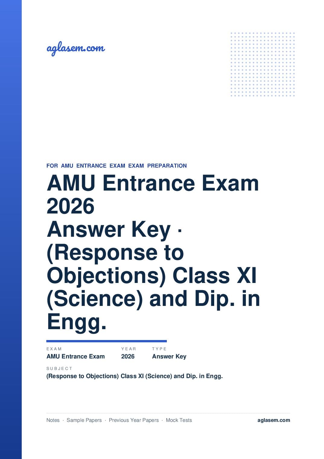 AMU Entrance Exam 2026 Answer Key (Response to Objections) Class XI (Science) and Dip. in Engg. - Page 1 of 2