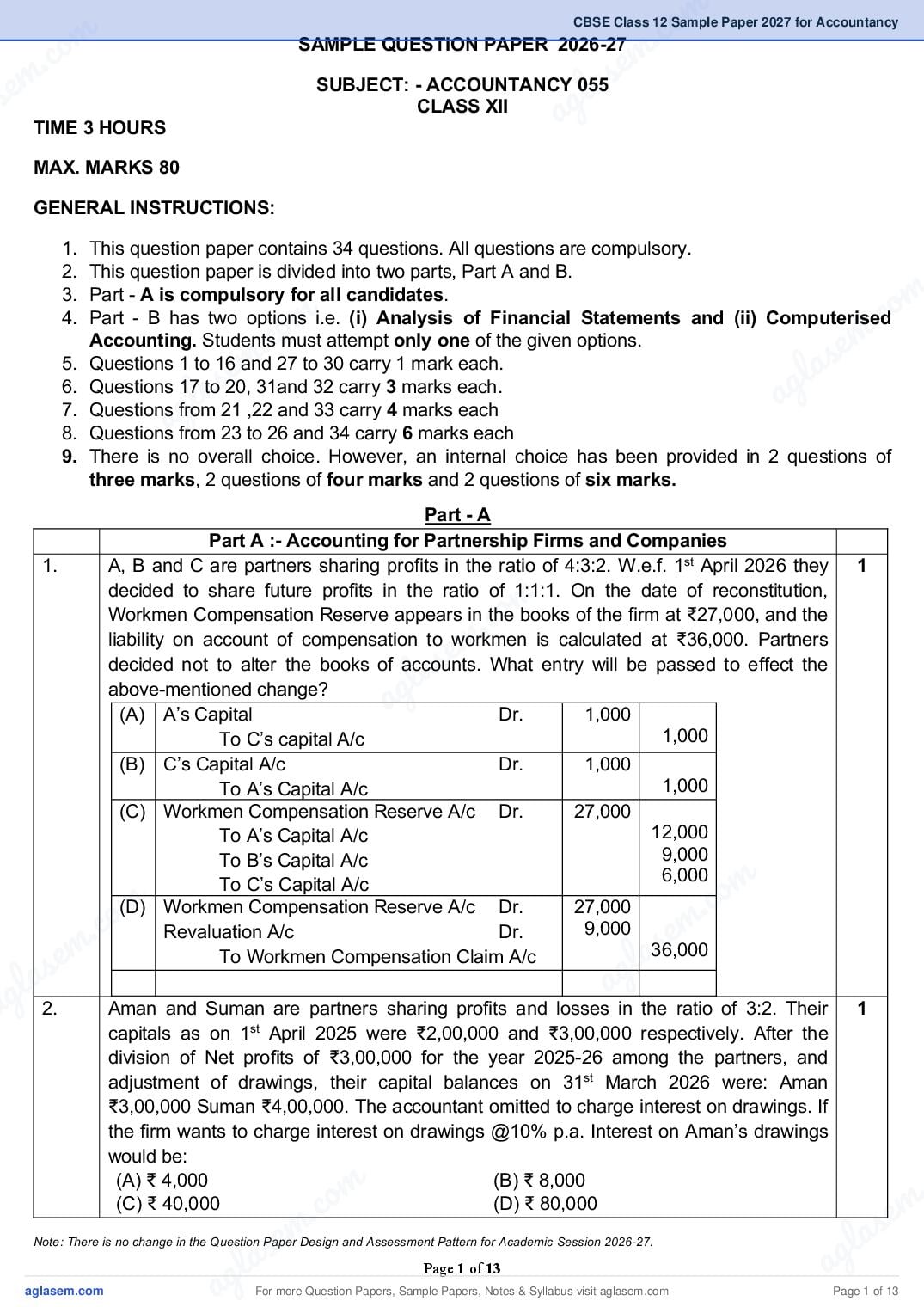CBSE Class 12 Sample Paper 2027 for Accountancy - Page 1 of 13