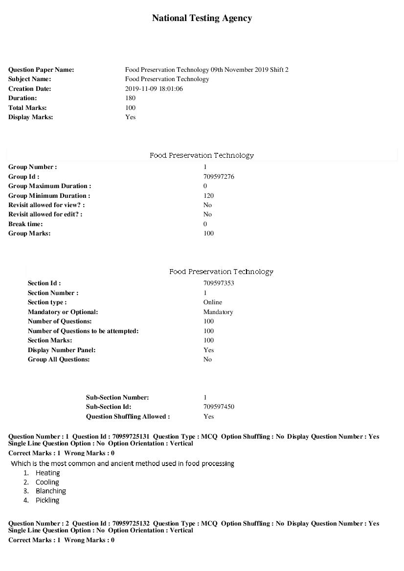 SWAYAM 2019 Question Paper Food Preservation Technology - Page 1 of 18