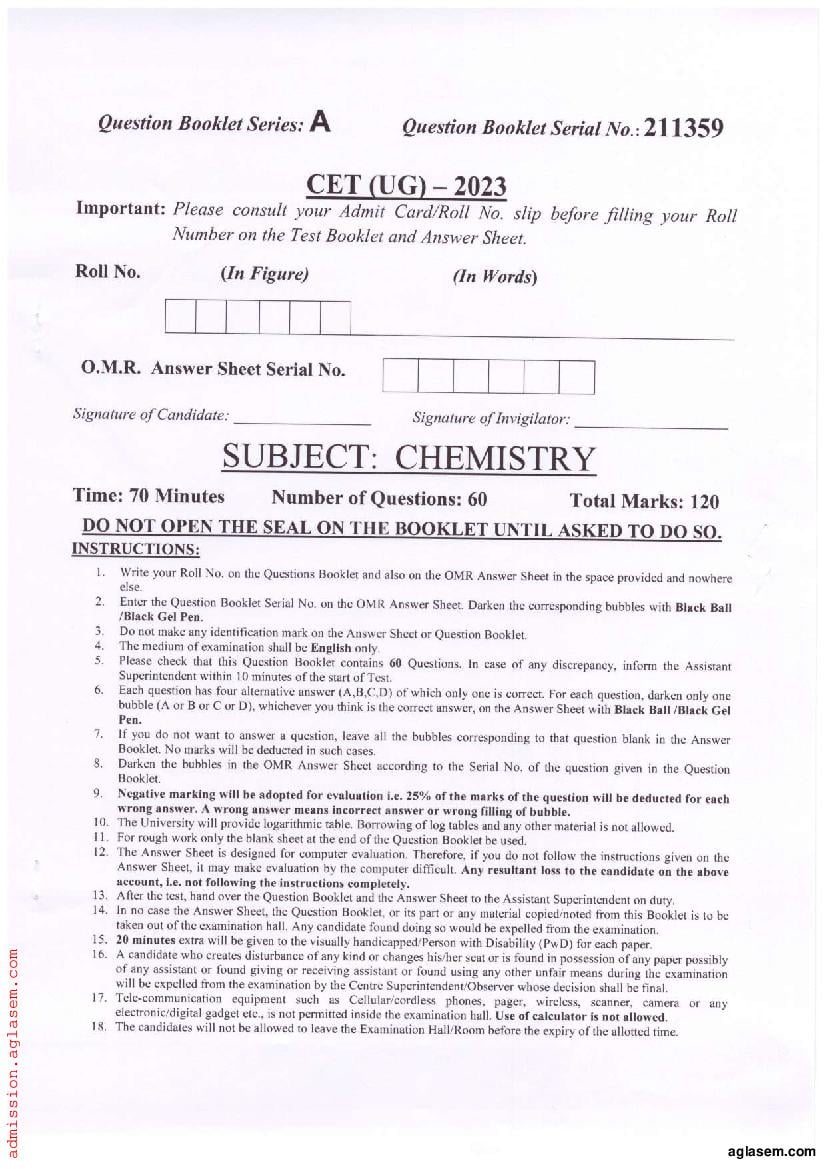 PU CET UG 2023 Question Paper Chemistry - Page 1