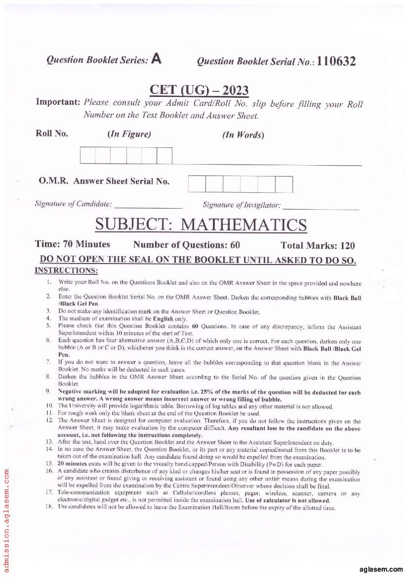 PU CET UG 2023 Question Paper Maths - Page 1