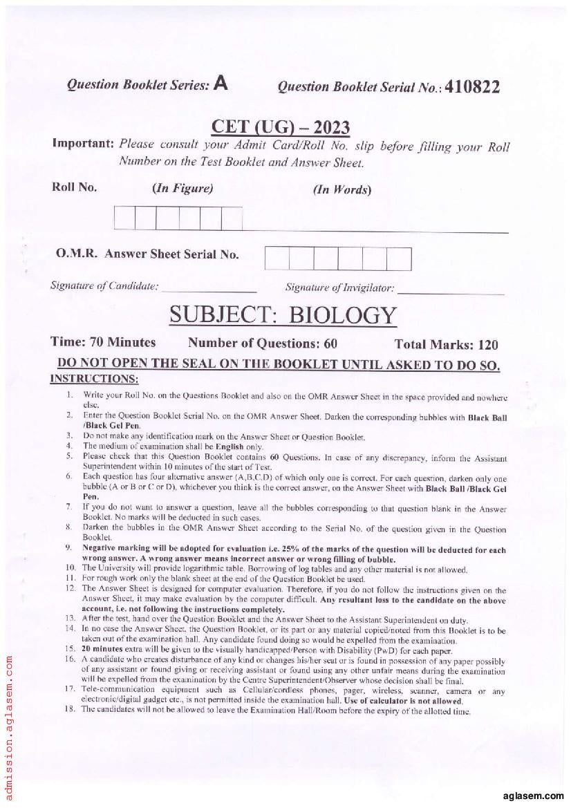 PU CET UG 2023 Question Paper Biology - Page 1
