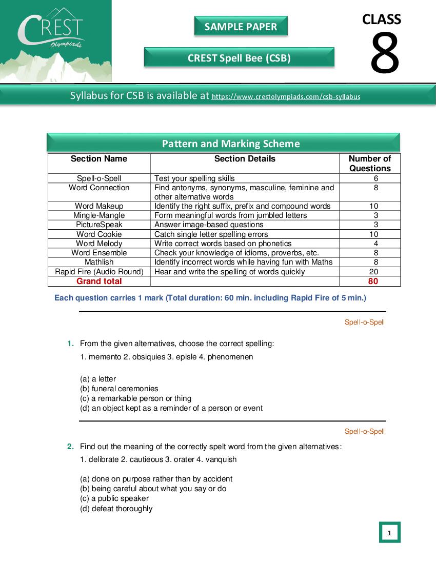 CREST International Spell Bee (CSB) Class 8 Sample Paper - Page 1