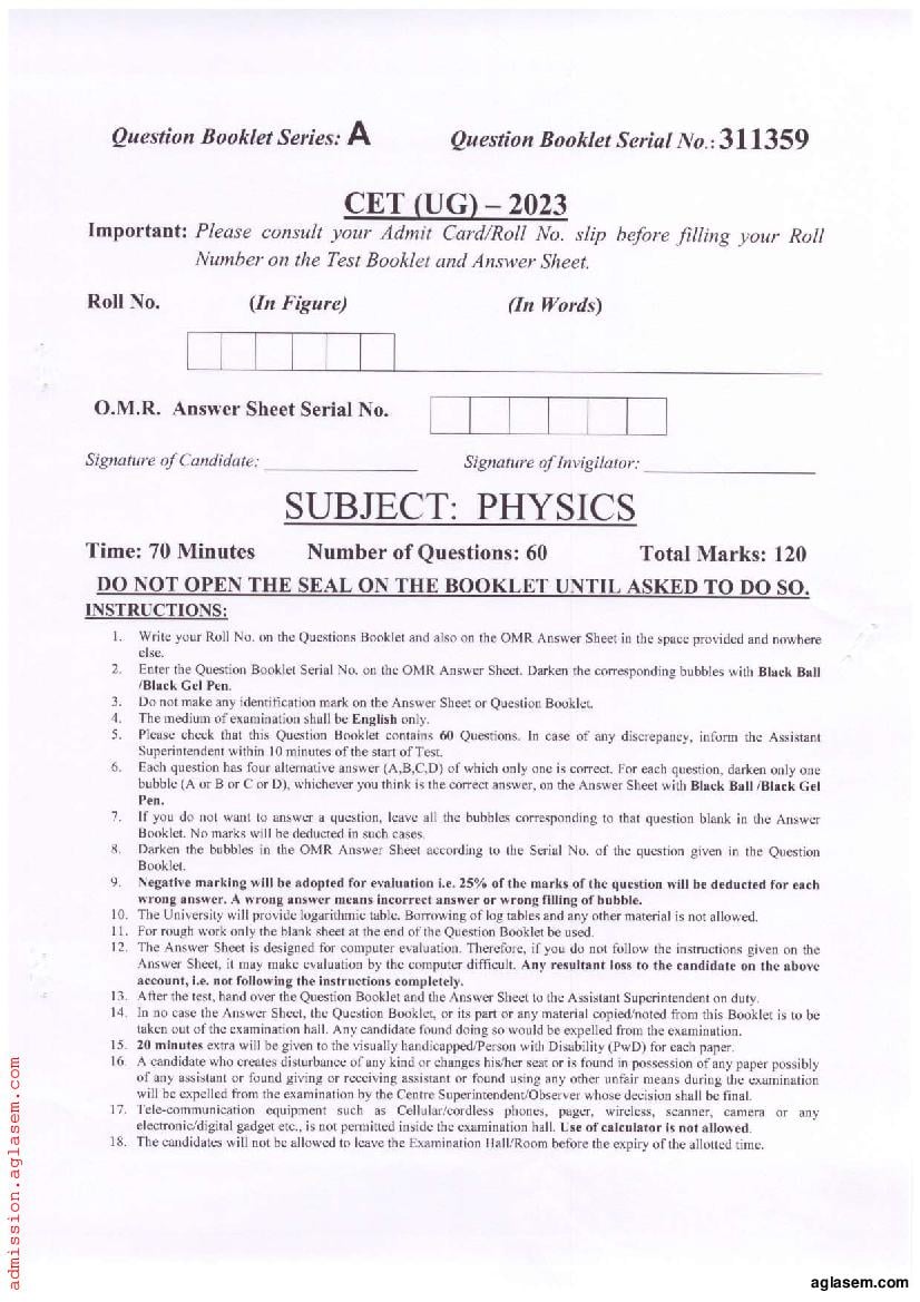 PU CET UG 2023 Question Paper Physics - Page 1