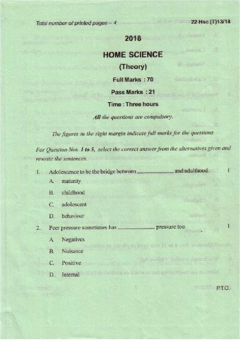 Manipur Board Class 12 Question Paper 2018 for Home Science - Page 1