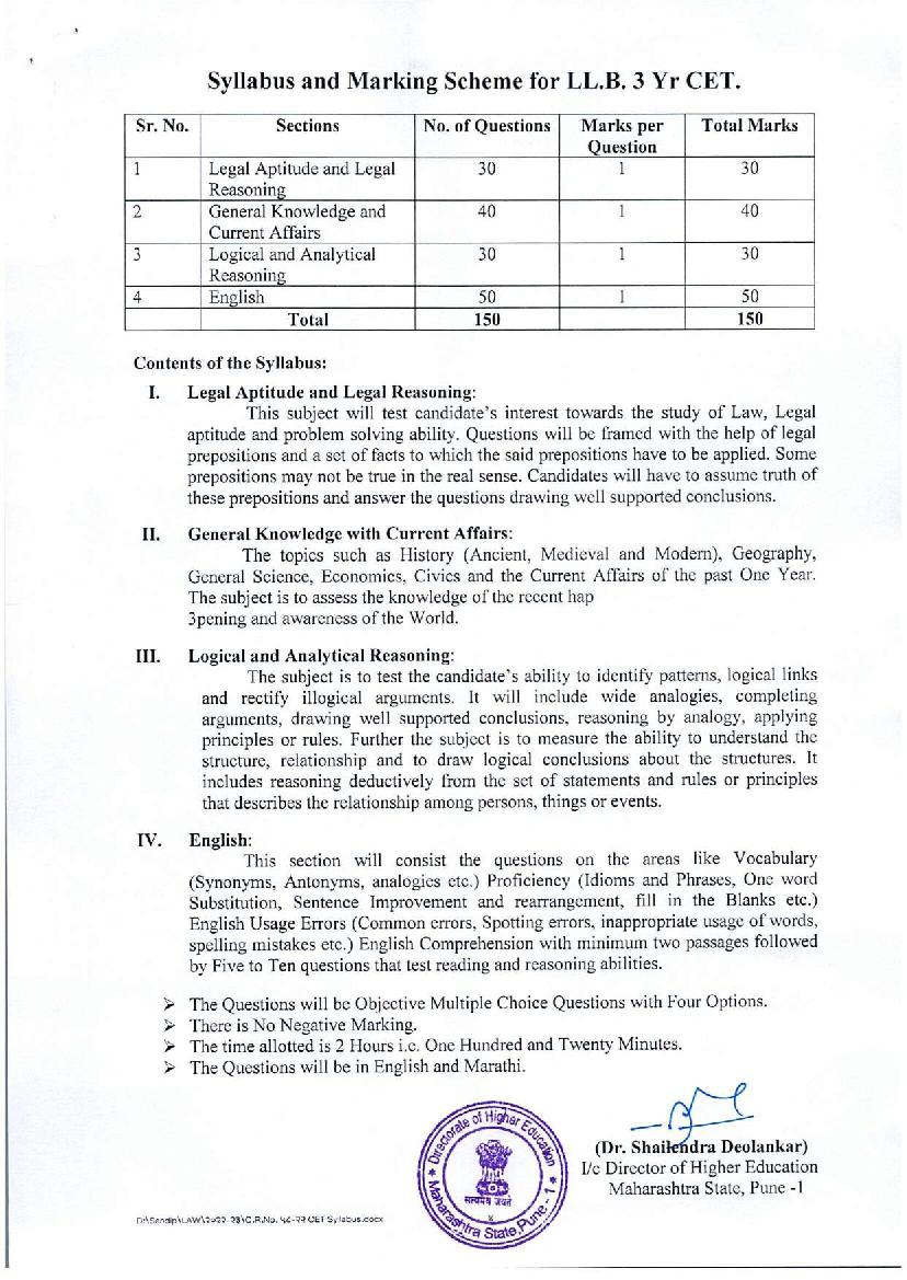 MAH CET LLB 3 Year Syllabus 2023