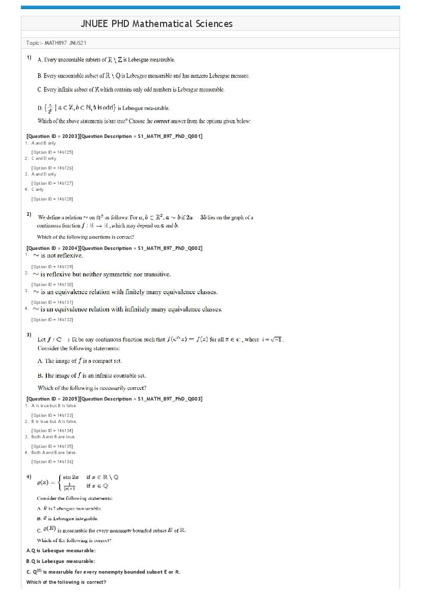 JNUEE 2021 Question Paper Ph.D Mathematical Sciences - Page 1