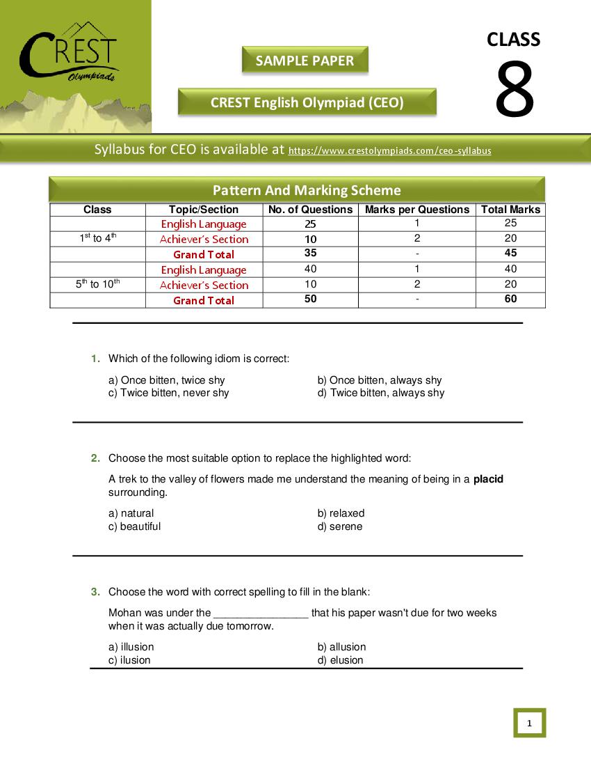 CREST English Olympiad (CEO) Class 8 Sample Paper - Page 1