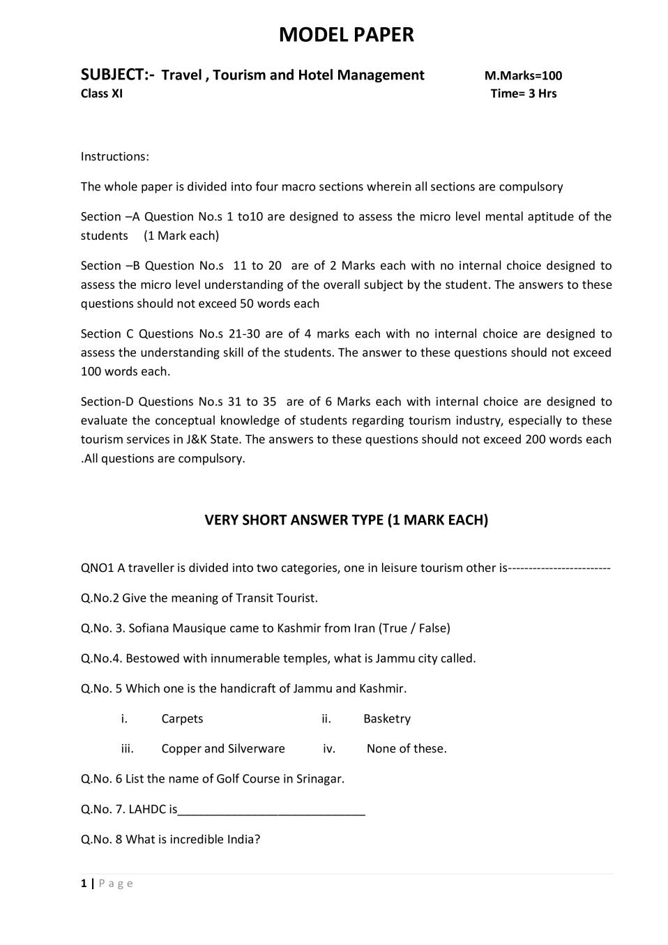 JKBOSE 11th Model Paper Travel and Tourism Management - Page 1