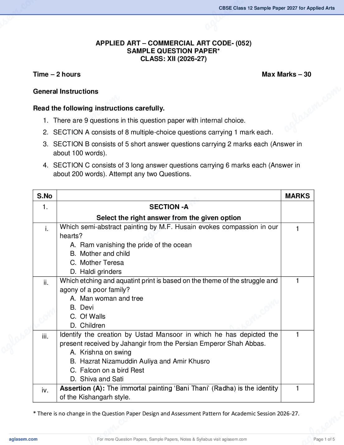 CBSE Class 12 Sample Paper 2027 for Applied Arts - Page 1 of 5