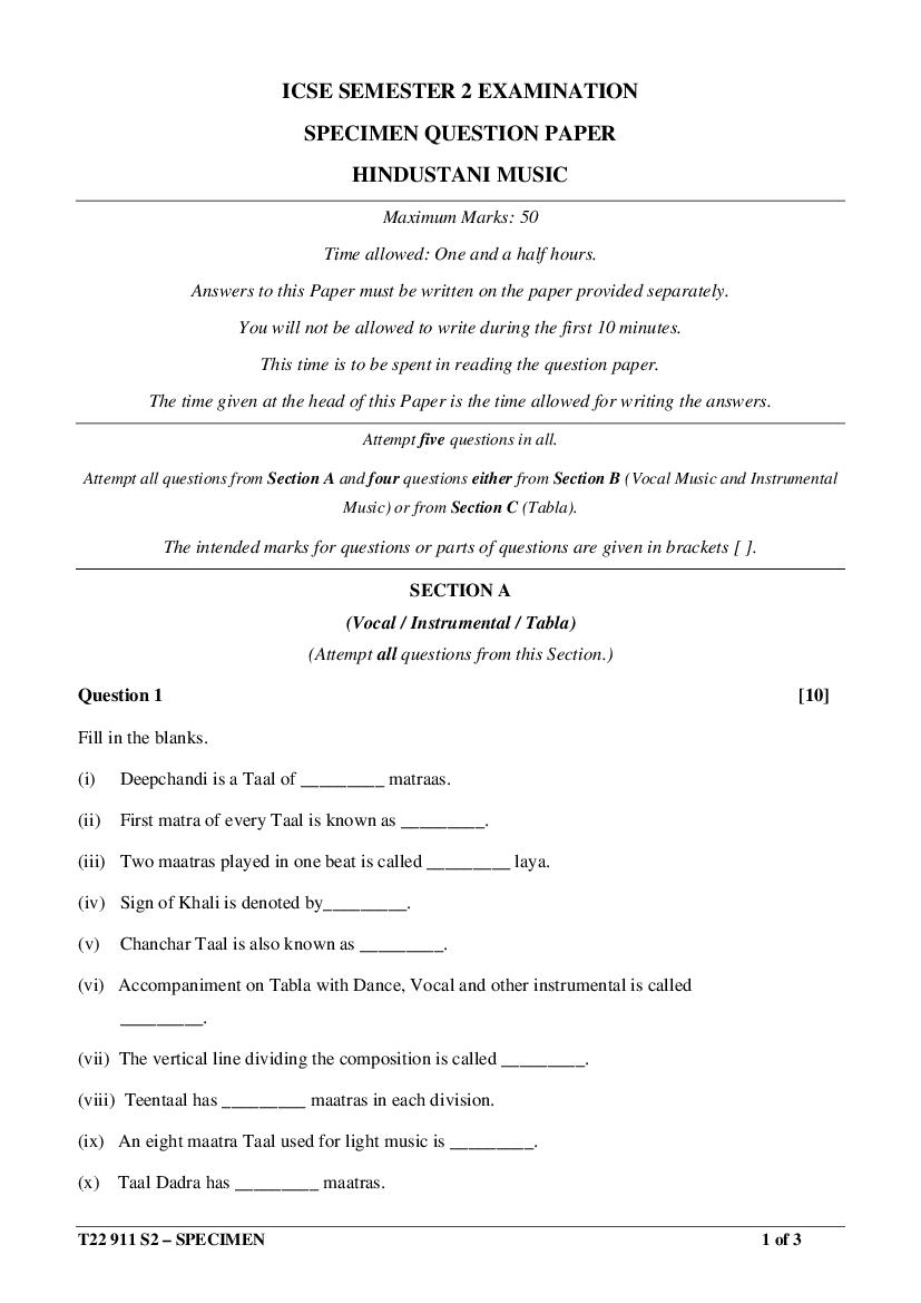 ICSE Class 10 Specimen Paper 2022 Hindustani Music Semester 2 - Page 1