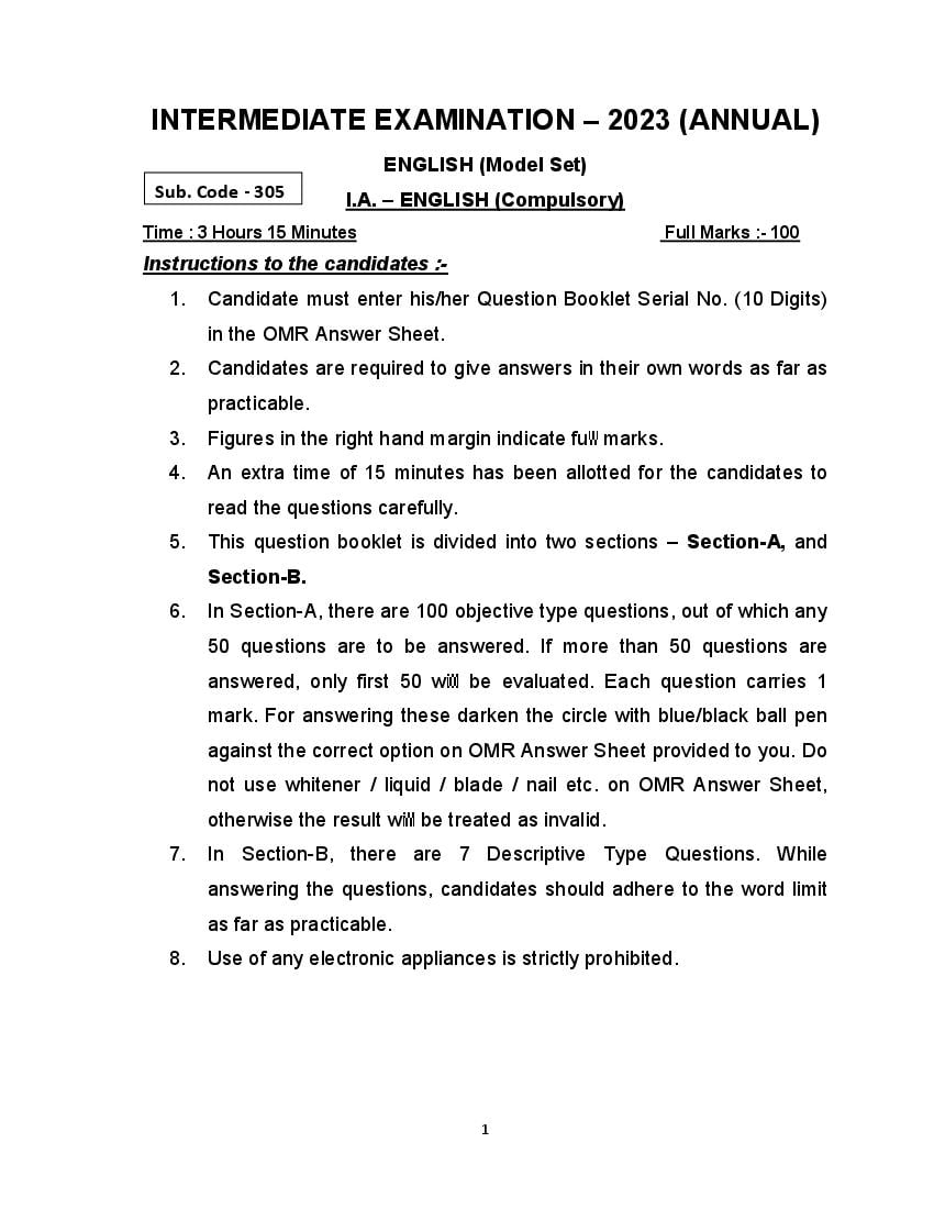 Bihar Board Class 12th Model Paper 2023 English (Arts) - Page 1