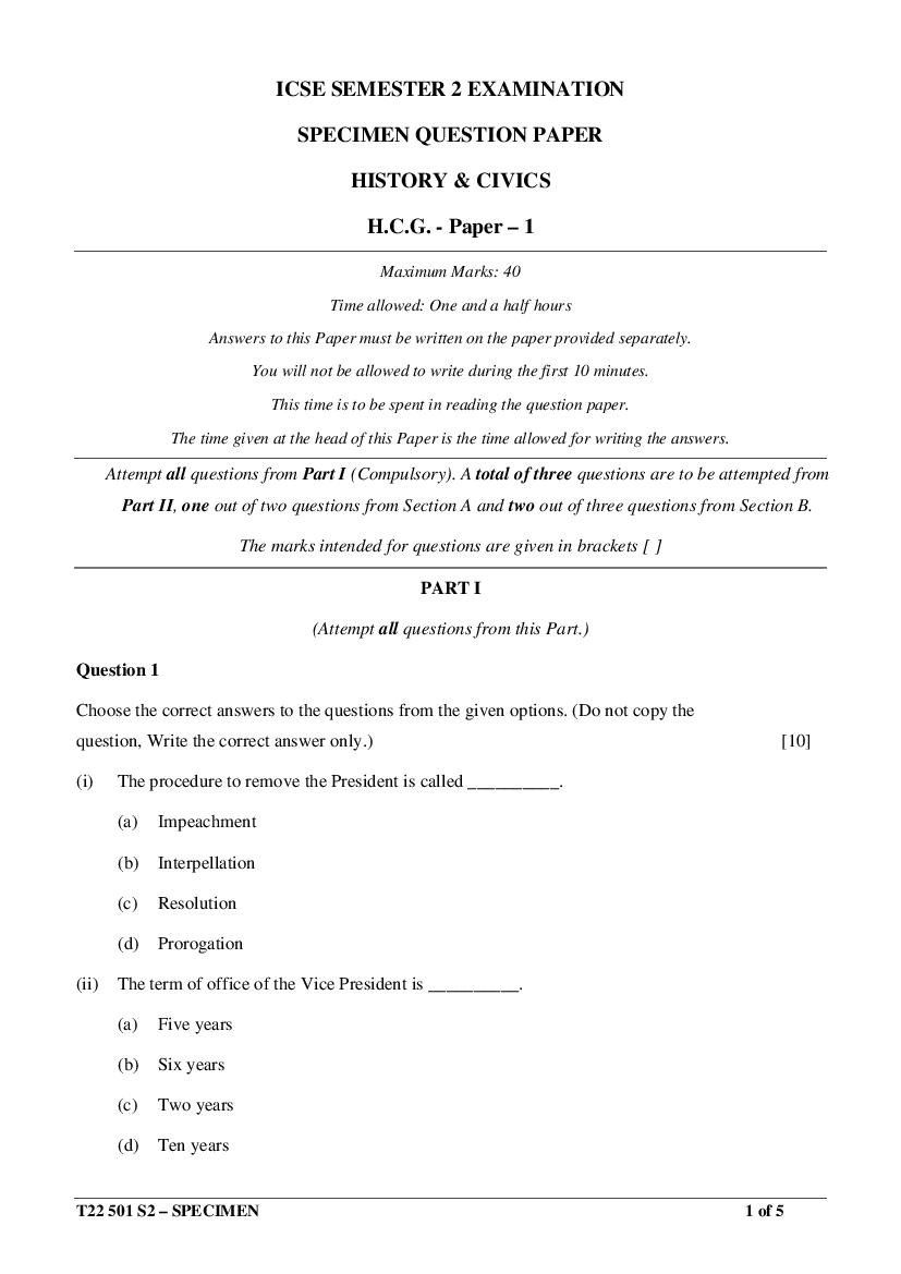 ICSE Class 10 Specimen Paper 2022 History Civics Paper 1 Semester 2 - Page 1