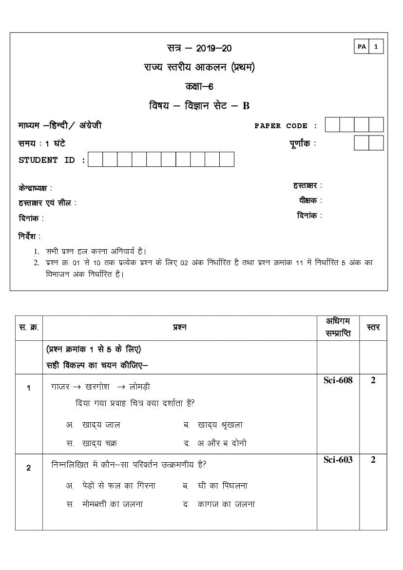 CG Board Class 6 Question Paper 2020 Science (PA) - Page 1