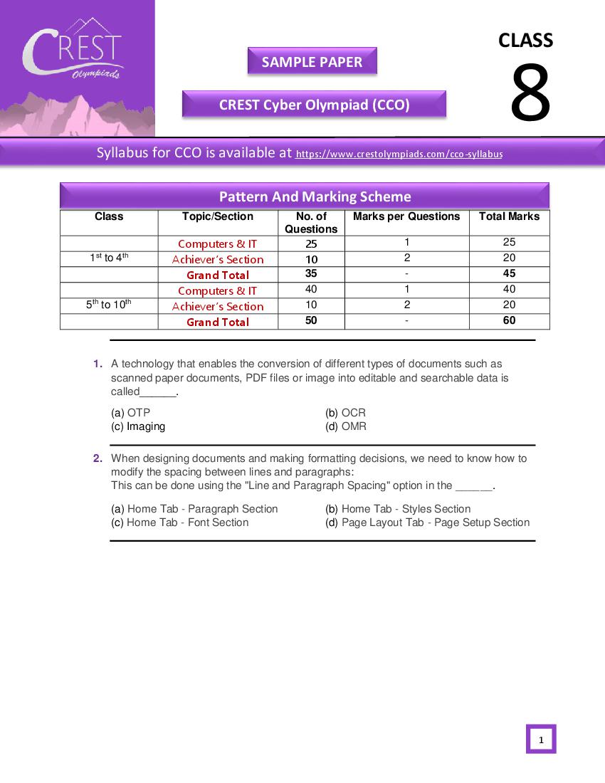 CREST Cyber Olympiad (CCO) Class 8 Sample Paper - Page 1