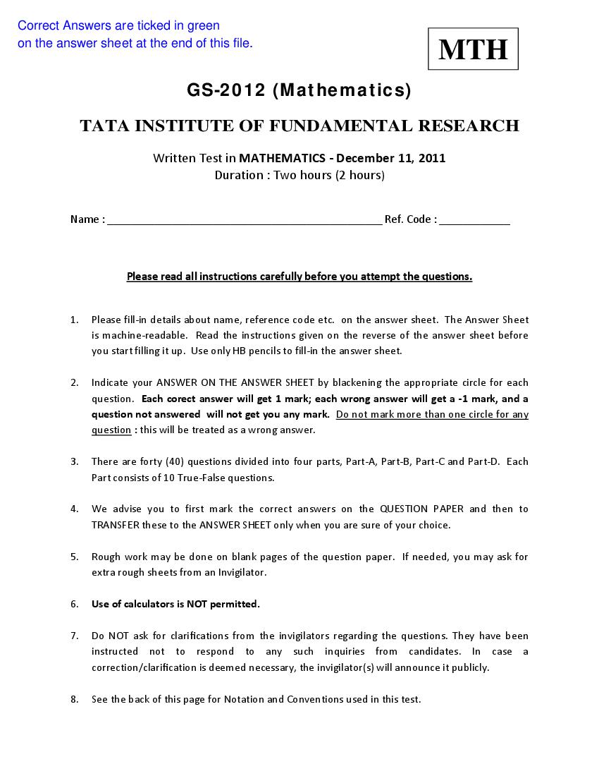 TIFR GS 2012 Question Paper Mathematics - Page 1