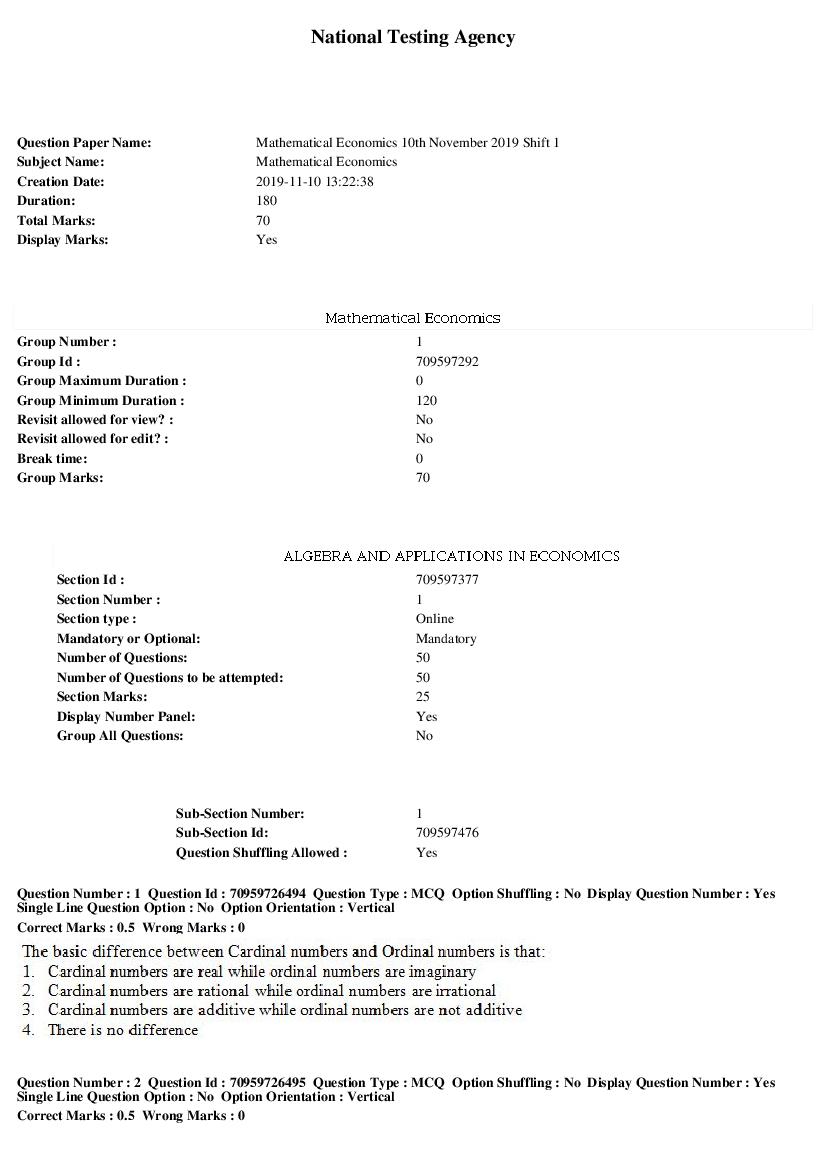 SWAYAM 2019 Question Paper Mathematical Economics - Page 1 of 30