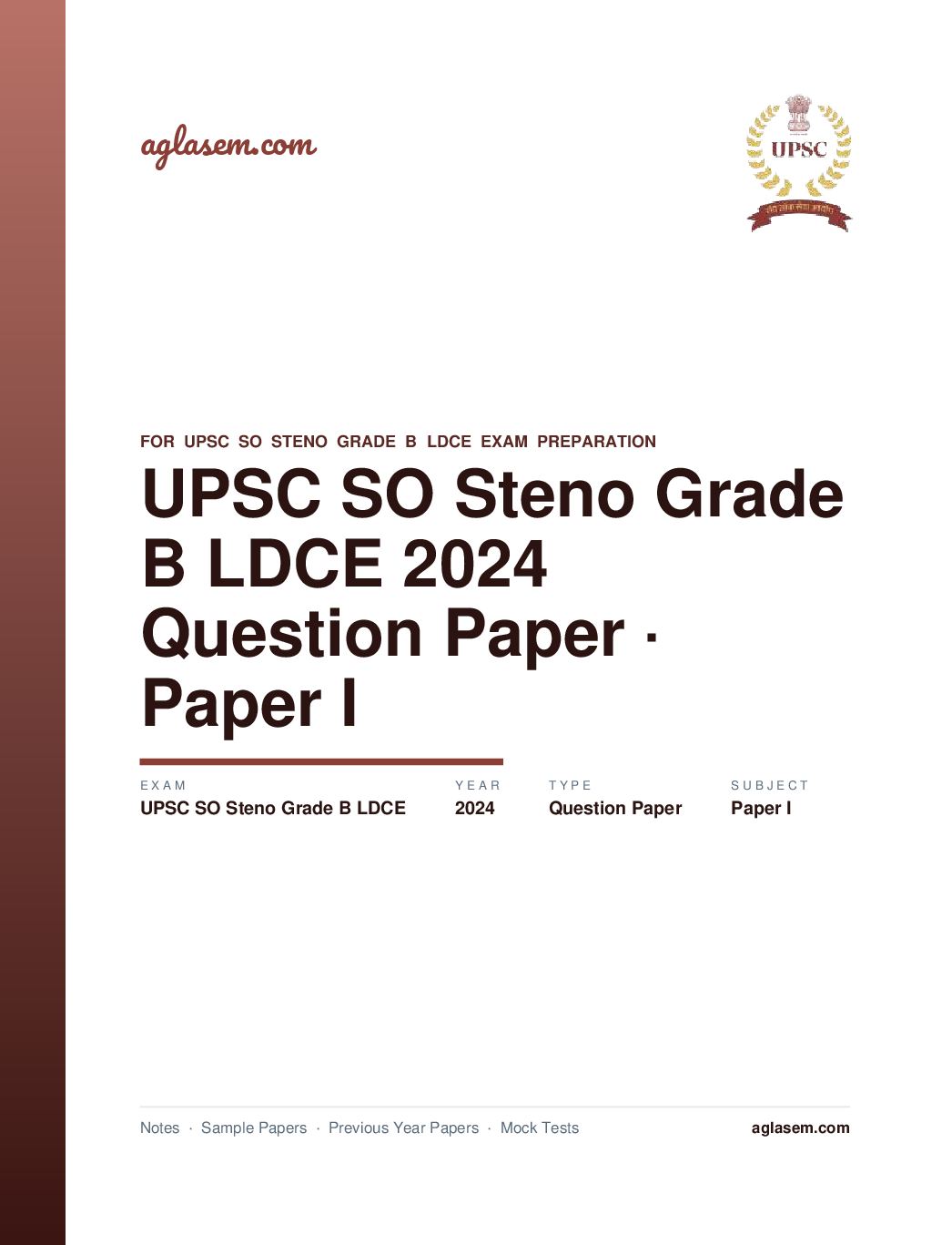 UPSC SO Steno Grade B LDCE 2024 Question Paper for Paper I - Page 1 of 37