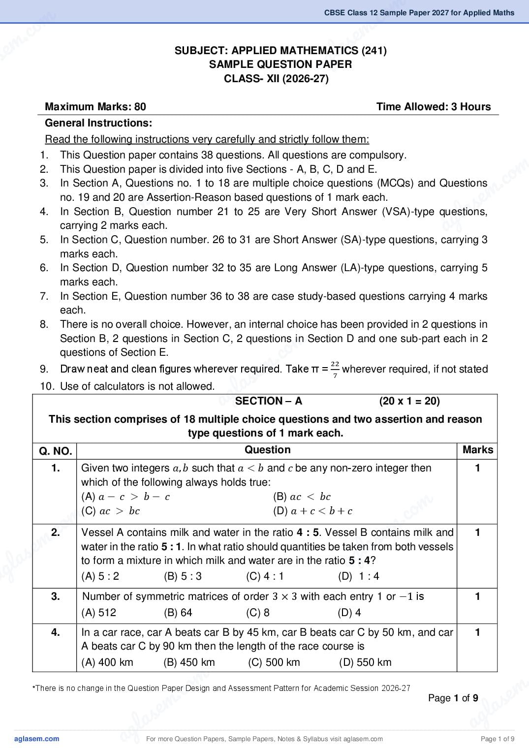 CBSE Class 12 Sample Paper 2027 for Applied Maths - Page 1 of 9