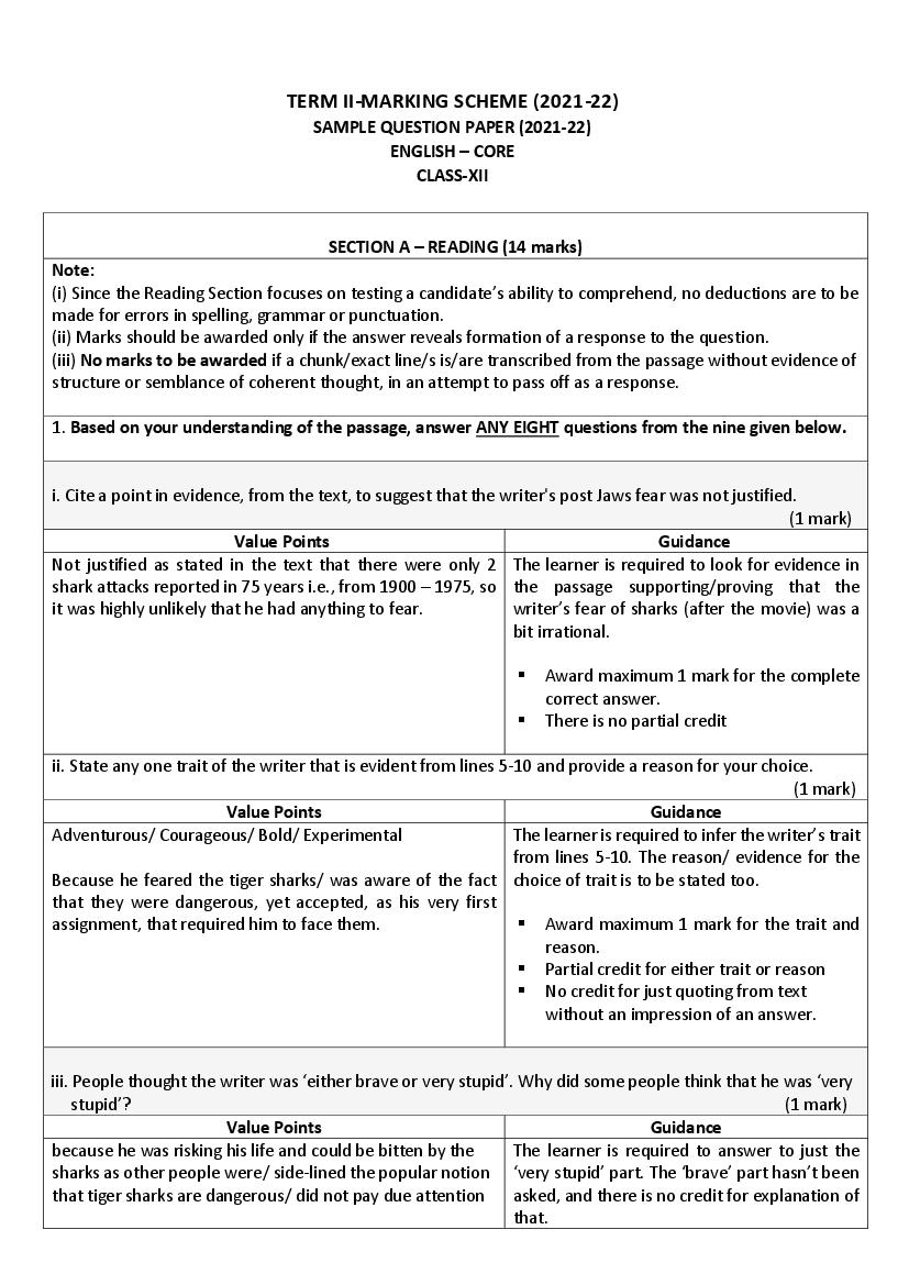 CBSE Class 12 Marking Scheme 2022 for English Term 2 - Page 1