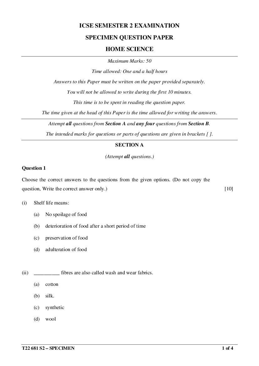 ICSE Class 10 Specimen Paper 2022 Home Science Semester 2 - Page 1