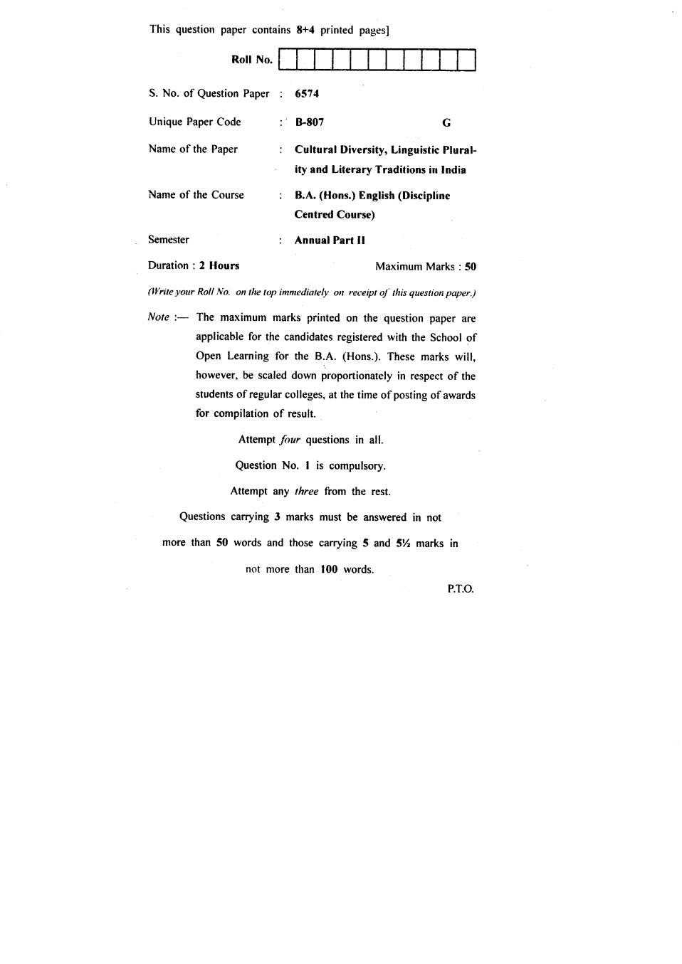 DU SOL Question Paper 2018 BA (Hons.) English - Cultural Diversity, Linguistic Plurality and Literacy Traditions in India - Page 1