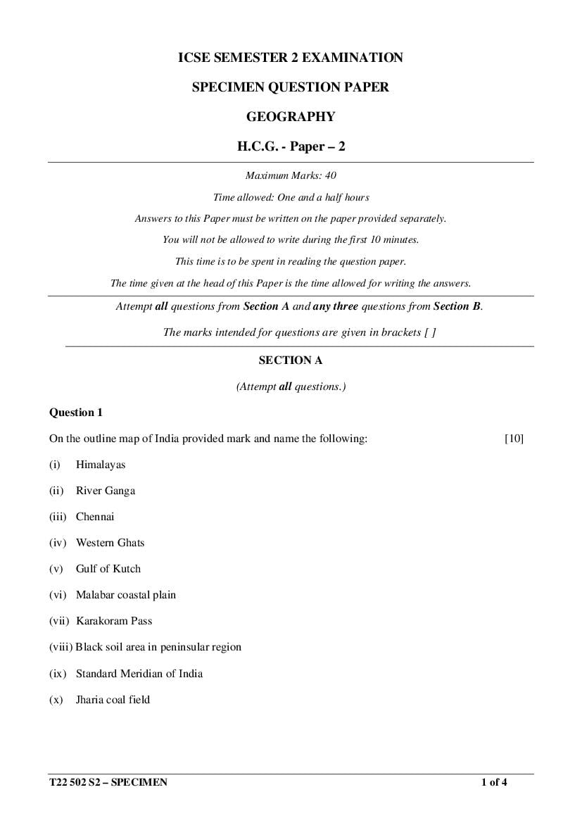ICSE Class 10 Specimen Paper 2022 History Civics Paper 2 Semester 2 - Page 1