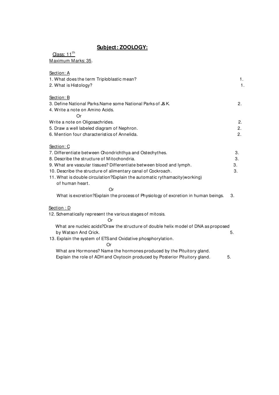 JKBOSE 11th Model Paper Zoology - Page 1