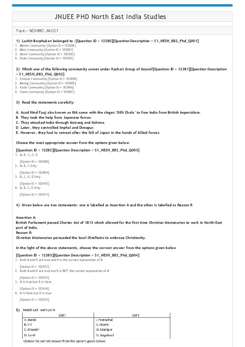 JNUEE 2021 Question Paper Ph.D North East India Studies - Page 1