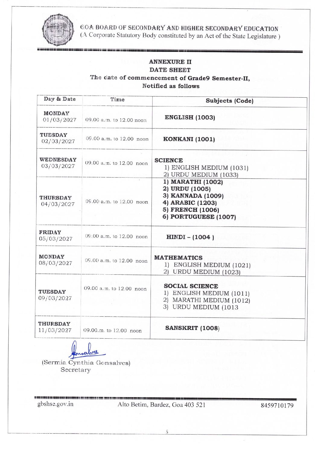Goa Board Class 9 Semester 2 Time Table 2027 - Page 1 of 1