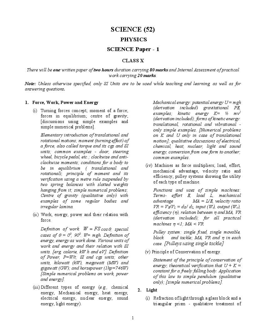 ICSE Class 10 Syllabus 2023 Physics (Revised) - Page 1
