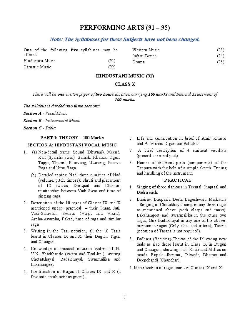 ICSE Class 10 Syllabus 2023 Performing Arts (Revised) - Page 1