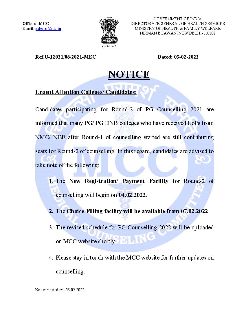 NEET PG Counselling 2021 Notice for 2nd Round - Page 1