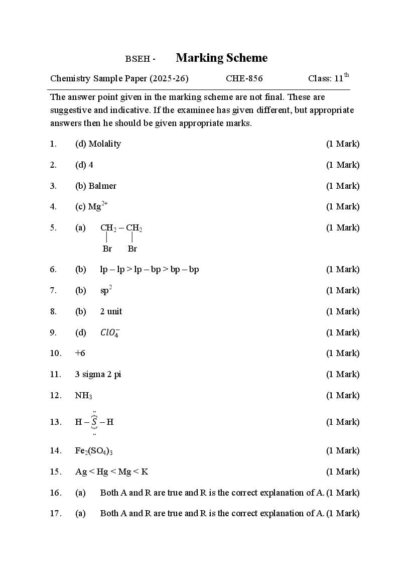 HBSE Class 11 Sample Paper 2026 Answers Chemistry - Page 1